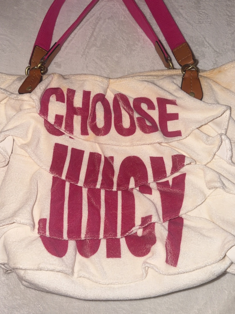 Juicy Couture White Tote with Pink 'CHOOSE JUICY' Ruffle Design
